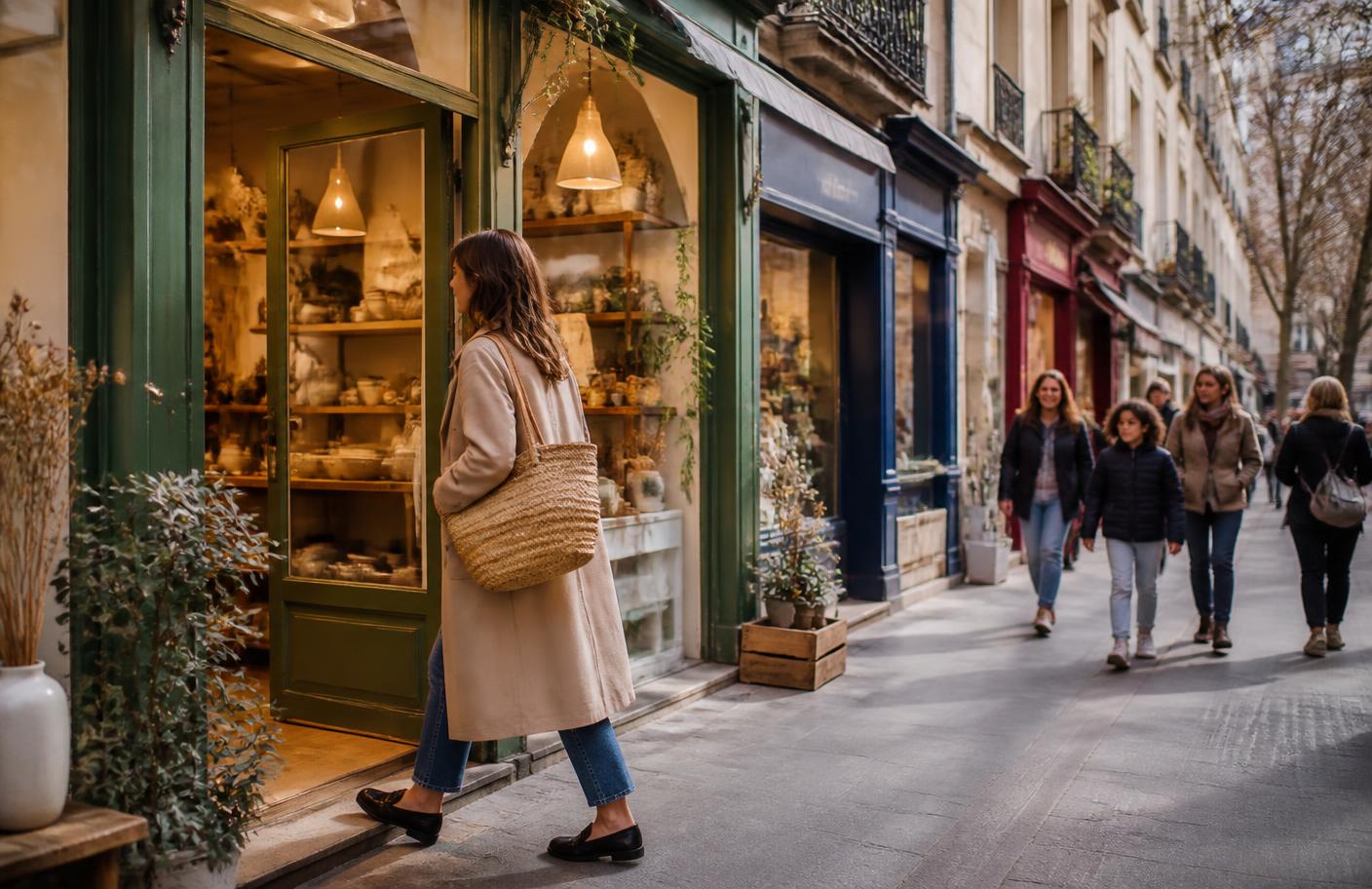 Une cliente découvre un commerce de proximité dans une rue animée