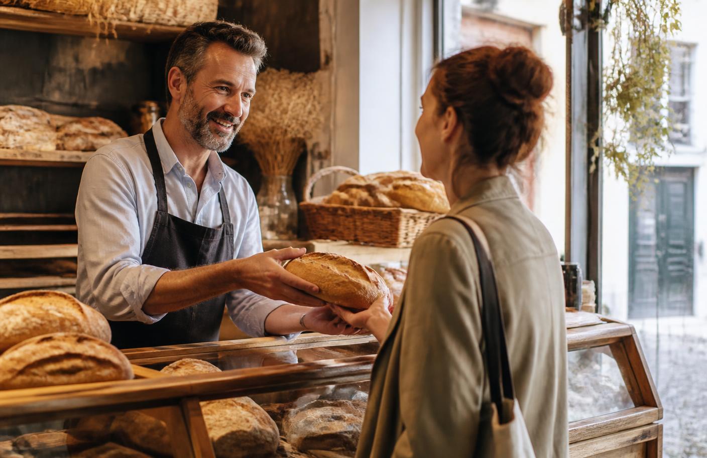 Un commerçant échange avec une cliente dans un commerce de proximité